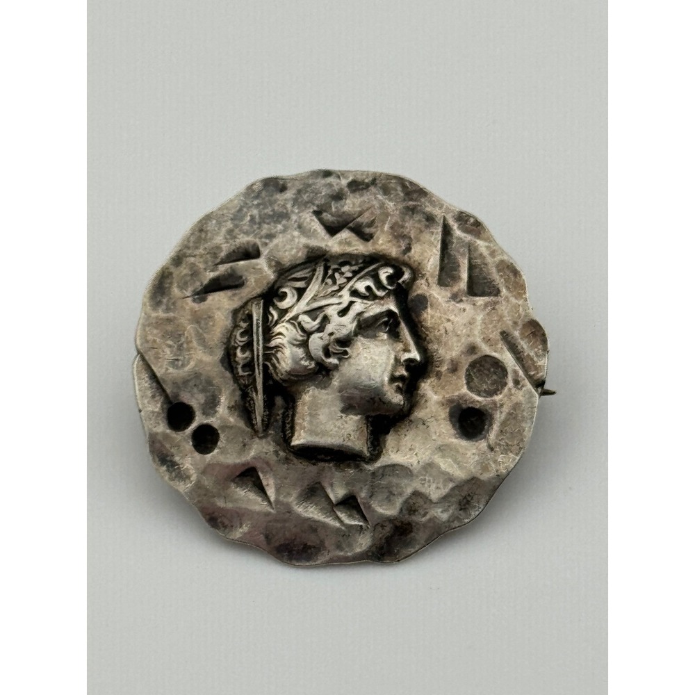 Antique Sterling Silver Brooch Pin Ancient Greek Roman Profile Head